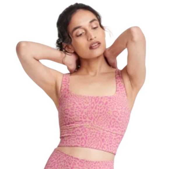 JoyLab Other - JoyLab Pink‎ Leopard Print Longline Sports Bra Square Neck Racerback Small